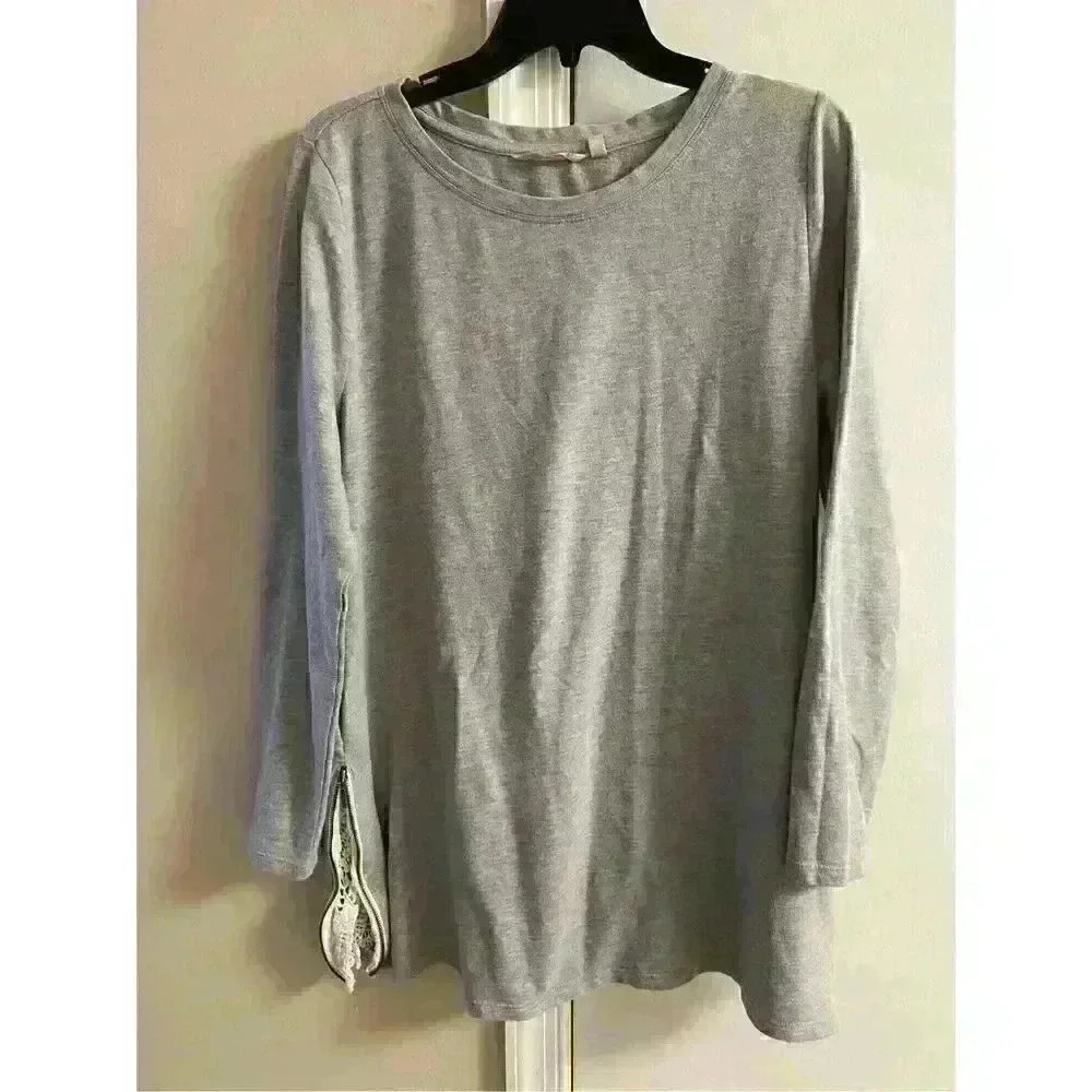 Soft surroundings Women’s Heather Grey Long Sleeve Lace Trim Top, Large